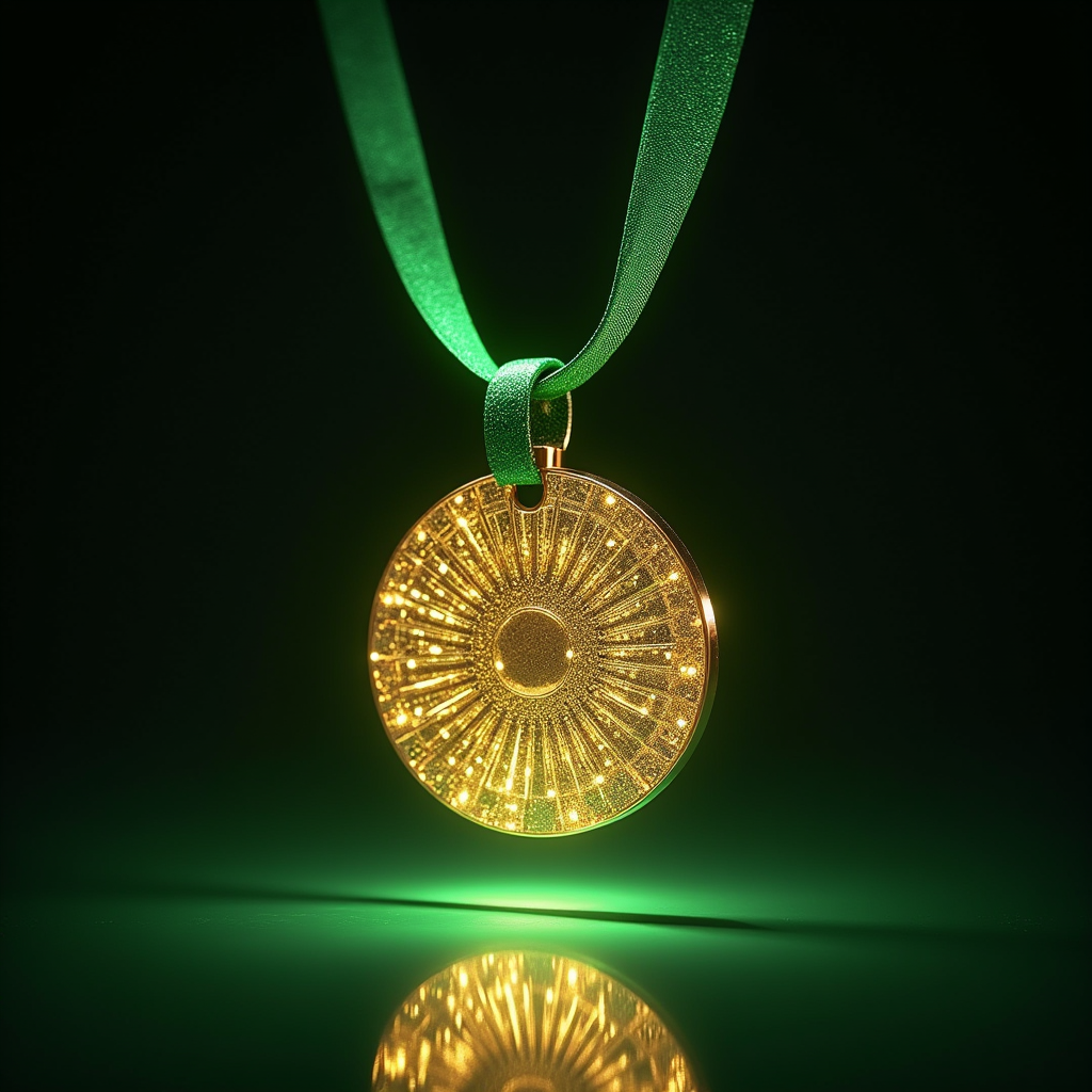 Medalha dourada com fita verde em fundo escuro, representando performance e superação.