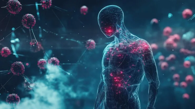 Condições Metabolicas e Hormônios. Imagem digital de um corpo humano cercado por partículas de vírus em rede, simbolizando proteção e performance.