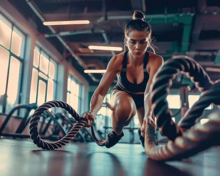 Mulher em treino intenso com cordas navais, destacando força, resistência e os benefícios do exercício físico.