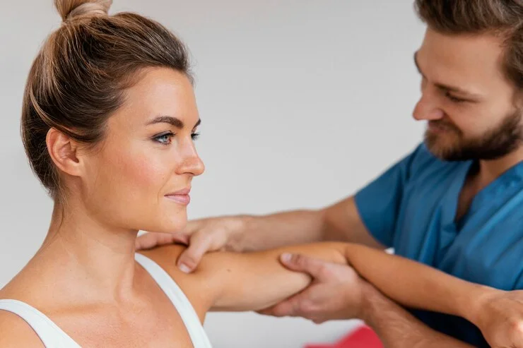 profissional da saúde realizando métodos de recuperação muscular em paciente mulher jovem.