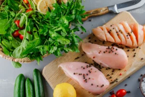 Calculadora de Proteínas: Peito de frango fatiado em tábua de corte, cercado por vegetais, simbolizando a importância das proteínas na dieta.