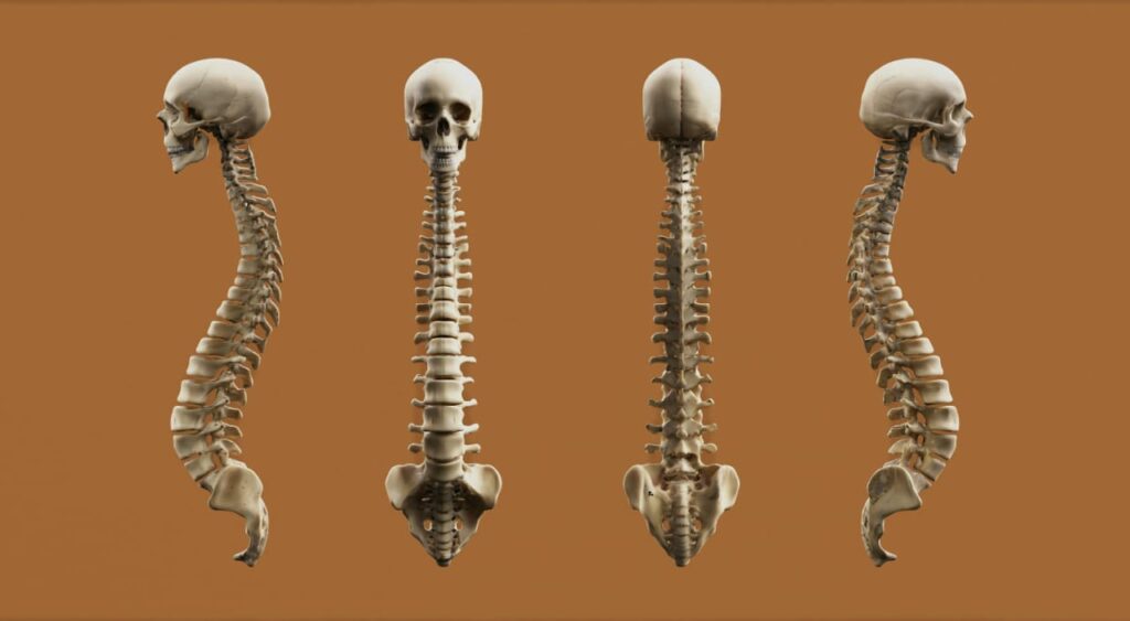 Ilustração da coluna vertebral vista de diferentes ângulos, destacando a estrutura óssea afetada pela osteoporose.