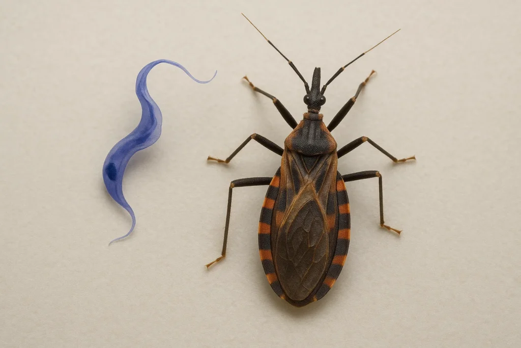 A doença de chagas é causada pelo Trypanosoma cruzi e transmitida principalmente pelo inseto barbeiro.