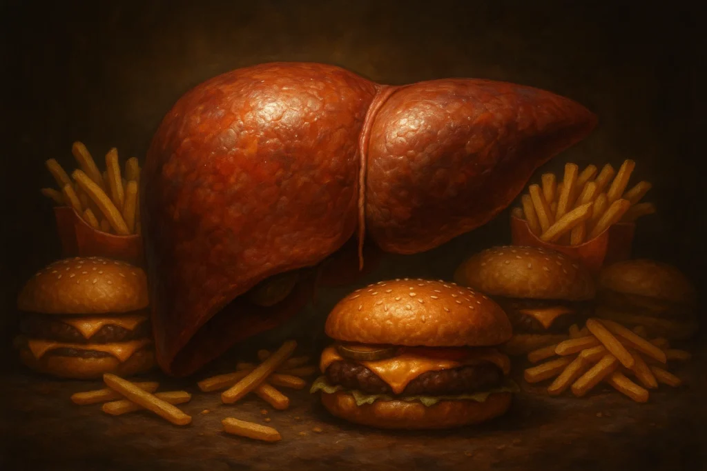 Ilustração conceitual de esteatose hepática com fígado cercado por alimentos gordurosos.