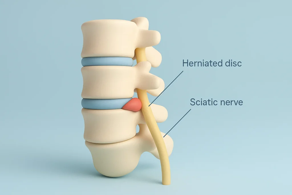 Na hérnia de disco, o disco intervertebral sofre pequenas rupturas que permitem o deslocamento de seu núcleo, pressionando assim os nervos próximos.