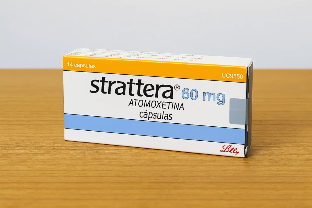 Caixa do medicamento Strattera 60 mg, que contém atomoxetina em cápsulas, usada no tratamento do TDAH.