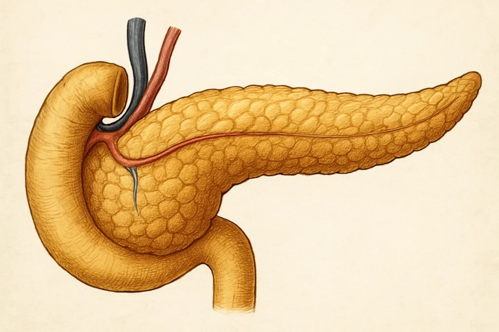 Ilustração médica mostrando o pâncreas e ajudando a entender o que é pancreatite.