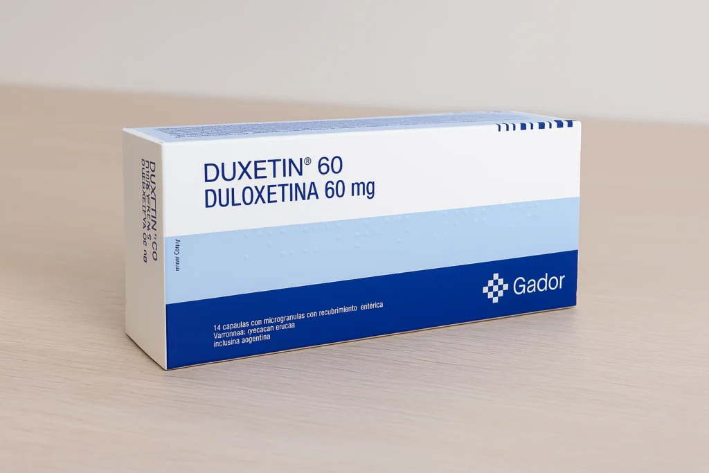 Caixa do medicamento Duxetin 60 mg de duloxetina sobre uma superfície clara representando o tema Duloxetina engorda.