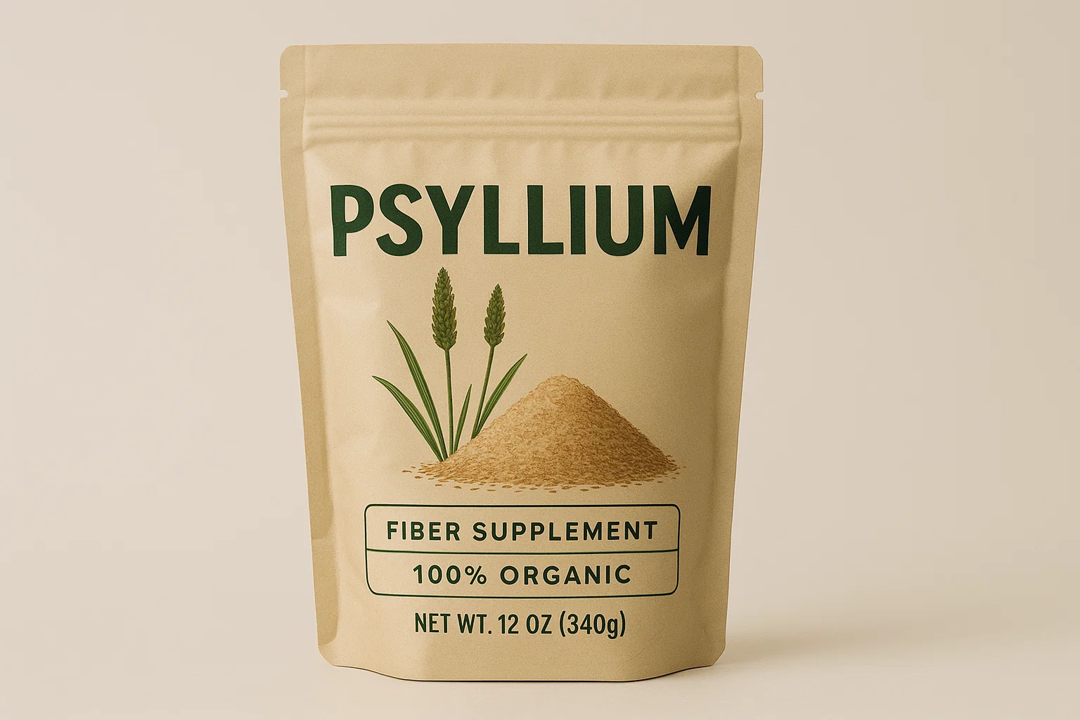 Embalagem de suplemento de fibras psyllium orgânico em pó, usada em dietas e estratégias de emagrecimento.