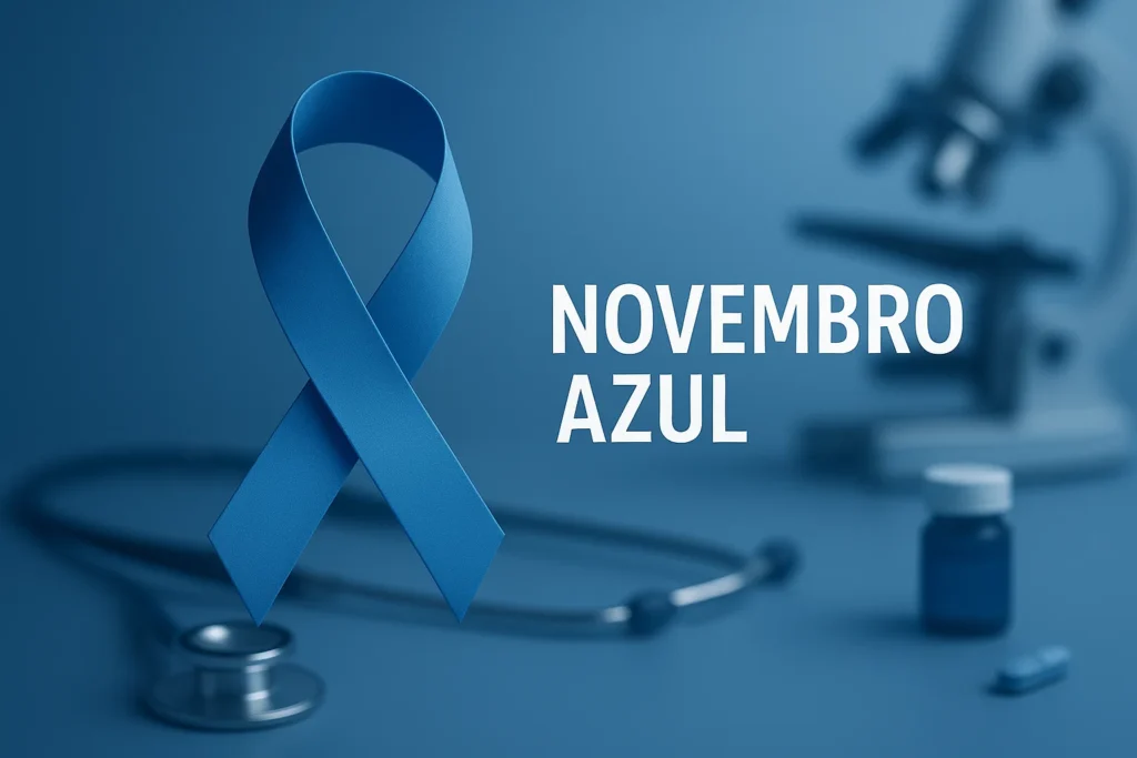 Laço azul da campanha novembro azul ao lado de estetoscópio e materiais médicos