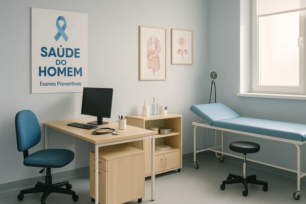 Consultório médico iluminado com cartaz de novembro azul sobre saúde do homem