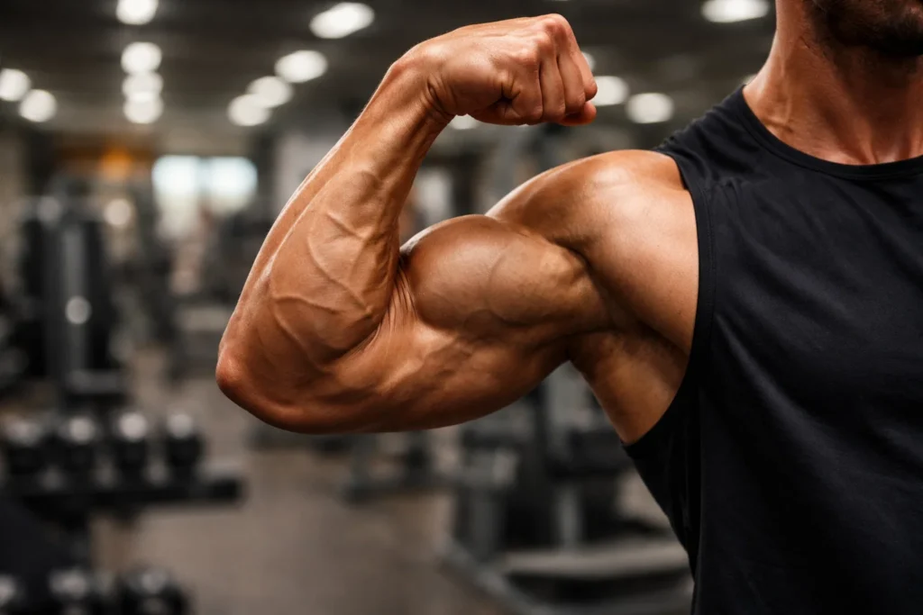 Catabolismo e anabolismo representados por braço musculoso durante exercício de força, ilustrando processos de quebra e construção muscular no metabolismo.