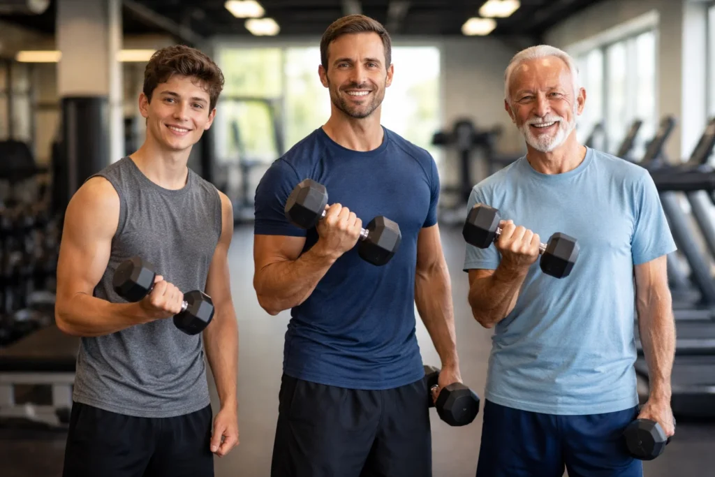 Homens de diferentes idades treinando com halteres na academia, ilustrando como a idade influencia no metabolismo e na manutenção da massa muscular.