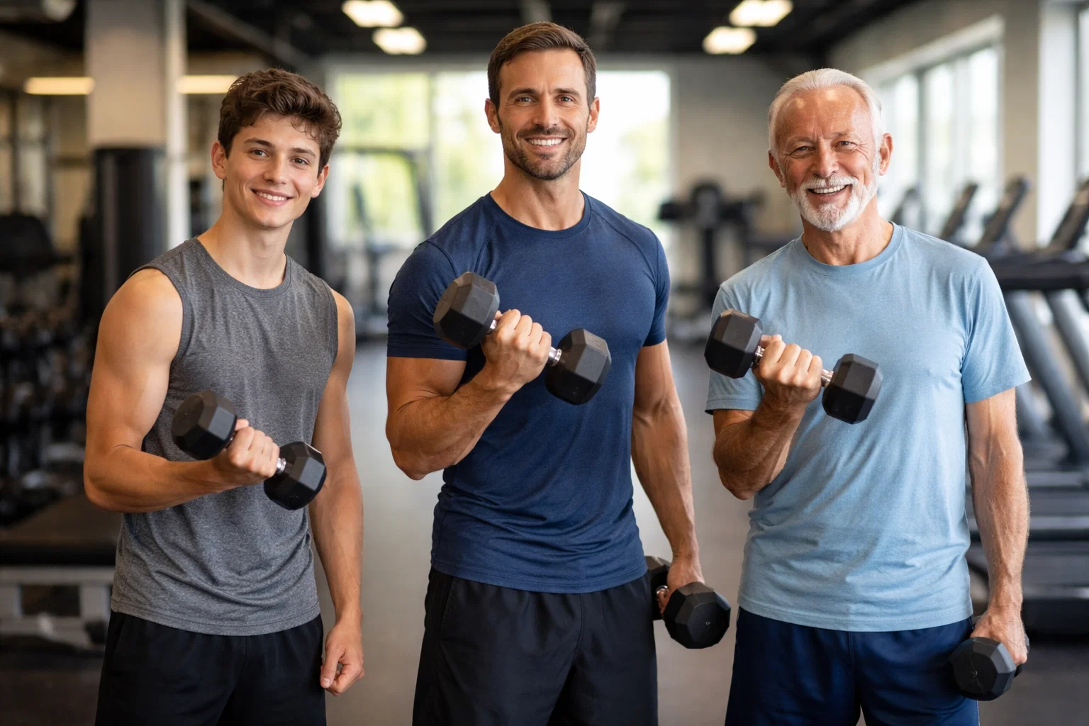 Homens de diferentes idades treinando com halteres na academia, ilustrando como a idade influencia no metabolismo e na manutenção da massa muscular.