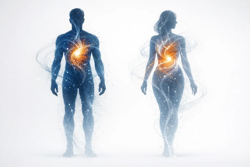 Silhuetas de homem e mulher com fluxo de energia no tronco, representando diferenças metabólicas entre homens e mulheres.