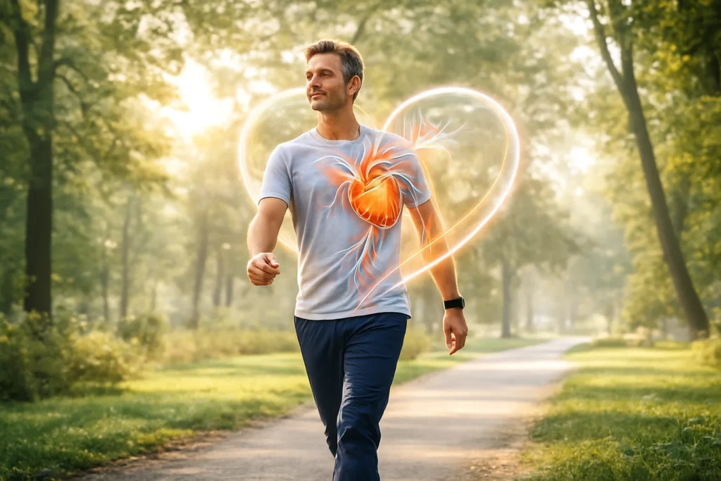 Homem caminhando em área verde com ilustração do coração, simbolizando o efeito do exercício no sistema cardiovascular.