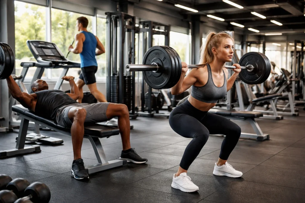 Três pessoas treinando em academia, ilustrando o efeito dos exercícios físicos no metabolismo e no gasto calórico