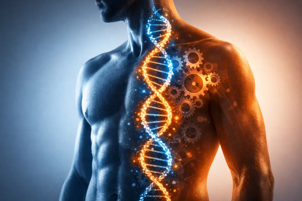 Ilustração do corpo humano com hélice de DNA e engrenagens, representando a influência da genética e do metabolismo nos processos do organismo.