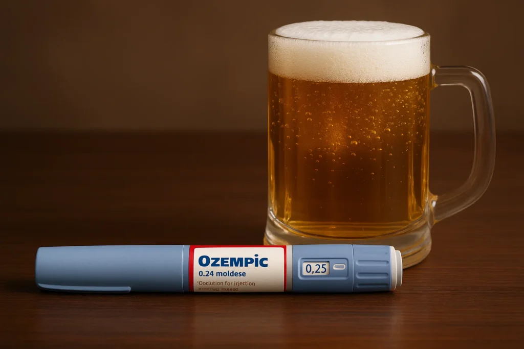 Caneta de Ozempic colocada sobre uma mesa ao lado de uma caneca de cerveja cheia, ilustrando a relação entre Ozempic e a redução do desejo por álcool.