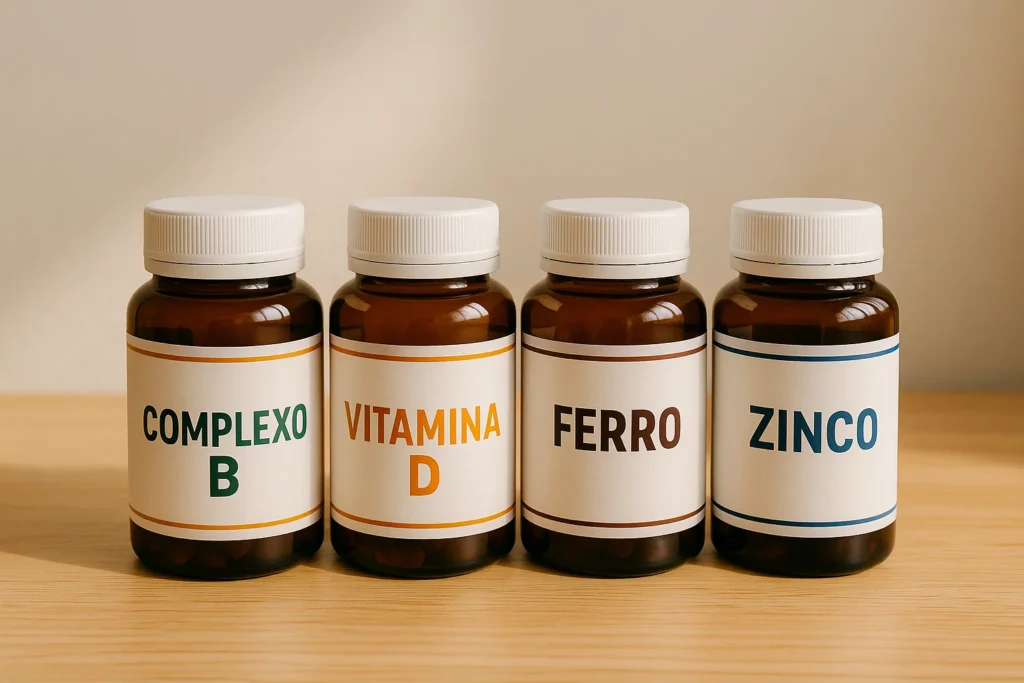 Frascos de Complexo B, Vitamina D, Ferro e Zinco sobre mesa de madeira ilustrando nutrientes que podem ajudar na falta de apetite.