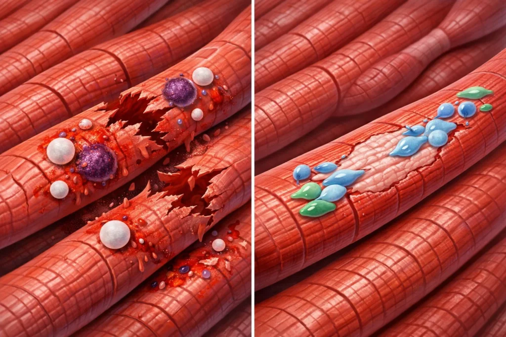 Catabolismo e anabolismo ilustrados em fibras musculares, mostrando a quebra do tecido muscular e o processo de reparação e construção celular.