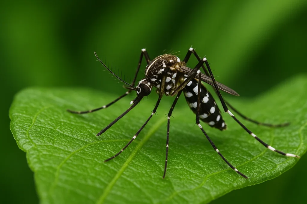 Mosquito de pernas longas e corpo listrado pousado sobre uma folha verde, representando o inseto transmissor da febre amarela.