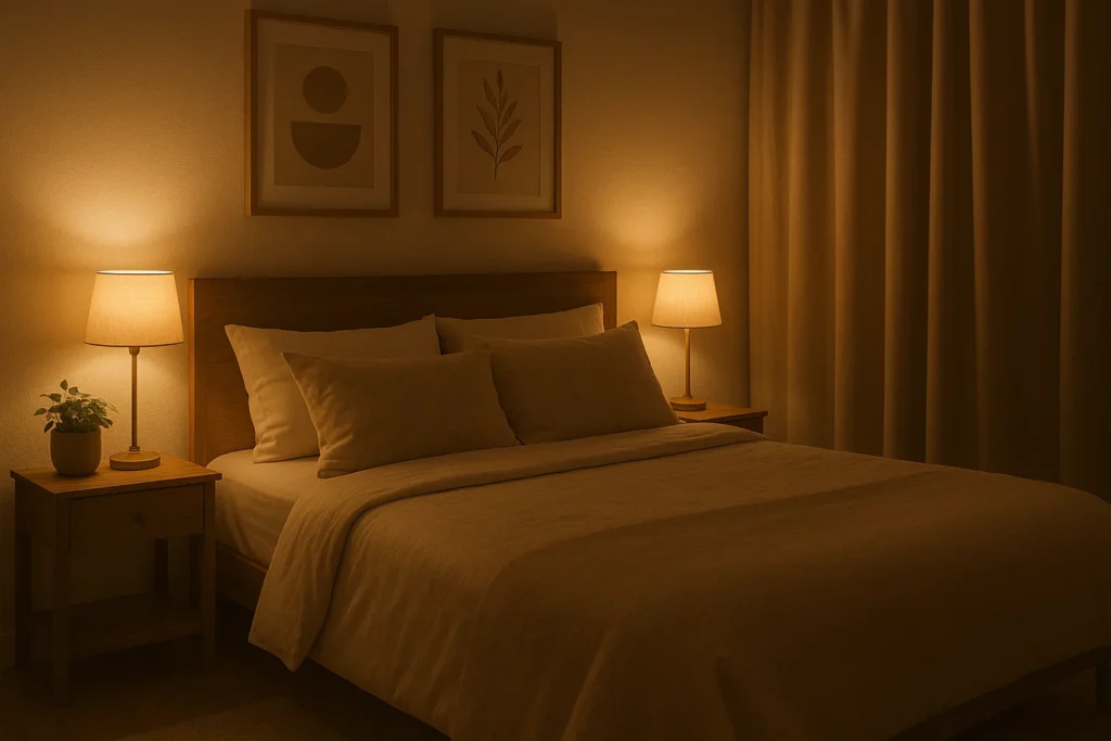 Quarto aconchegante iluminado com luz quente que ajuda o corpo a produzir melatonina e favorece o preparo para o sono.