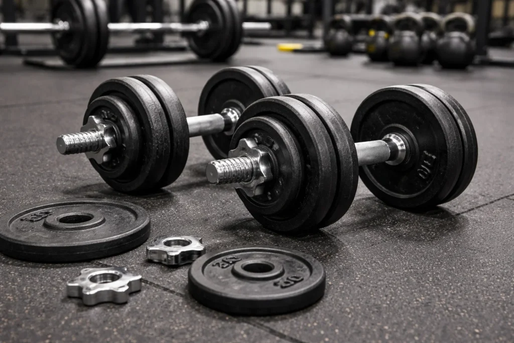 Halteres e anilhas em academia, ilustrando o efeito dos exercícios físicos no metabolismo e no aumento do gasto energético.