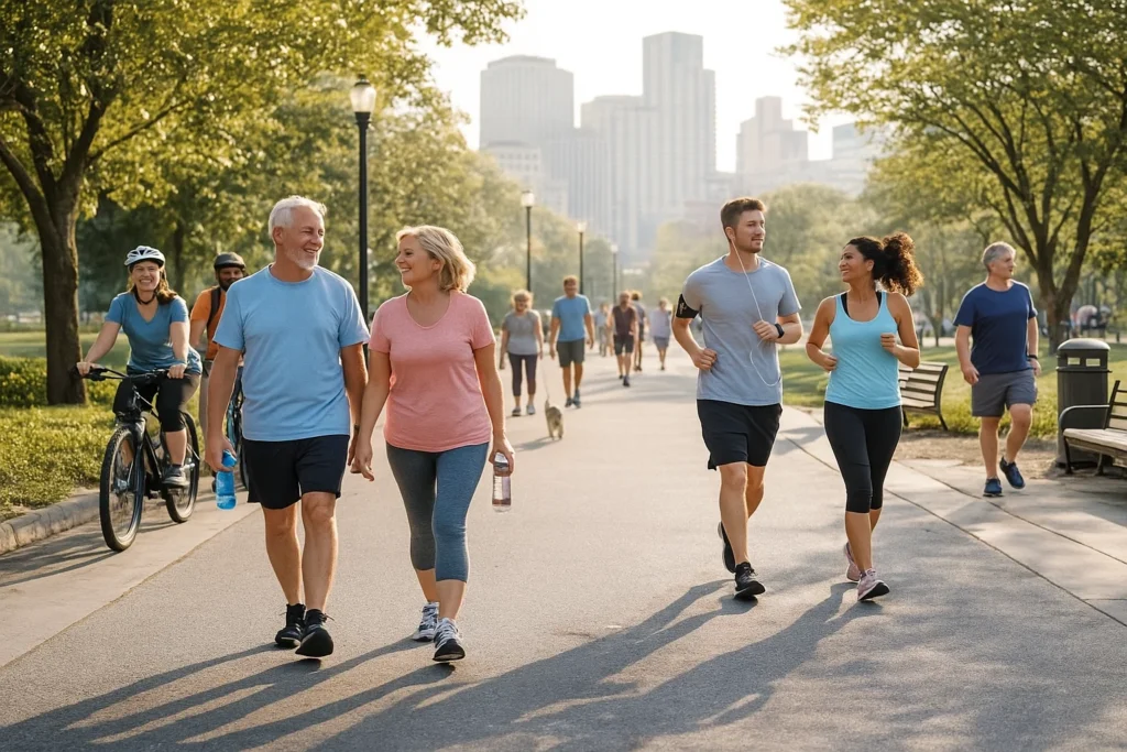 Pessoas caminhando em um parque, ilustrando o efeito do exercício no sistema cardiovascular.