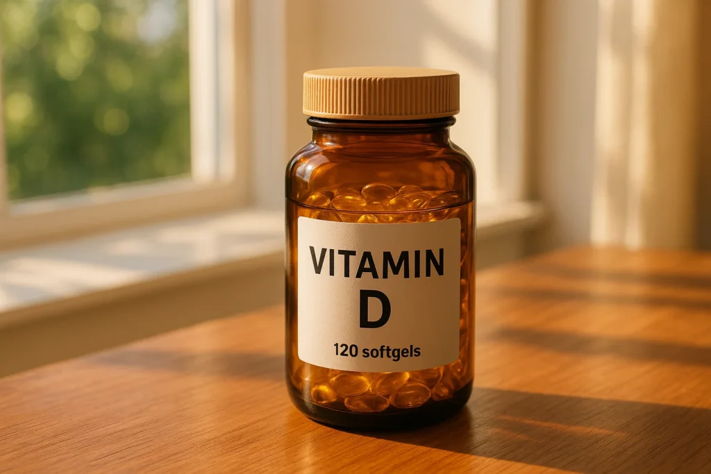 Frasco de suplemento de vitamina D em cápsulas sobre uma mesa iluminada pela luz natural.