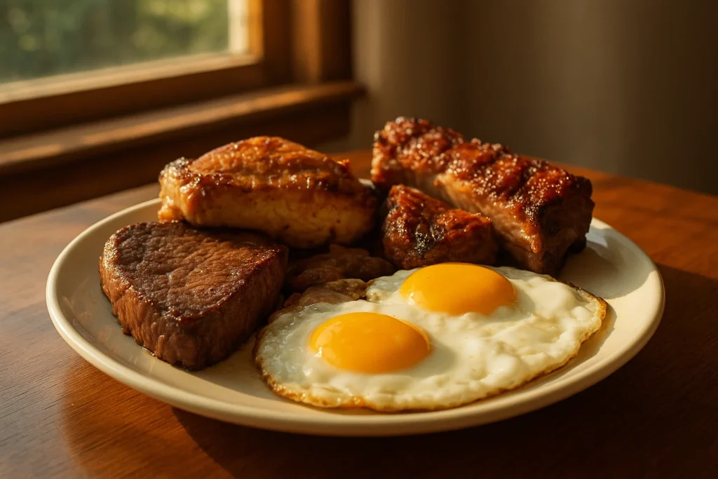 Prato com ovos fritos, carne grelhada e cortes de frango como fontes alimentares de vitamina D.