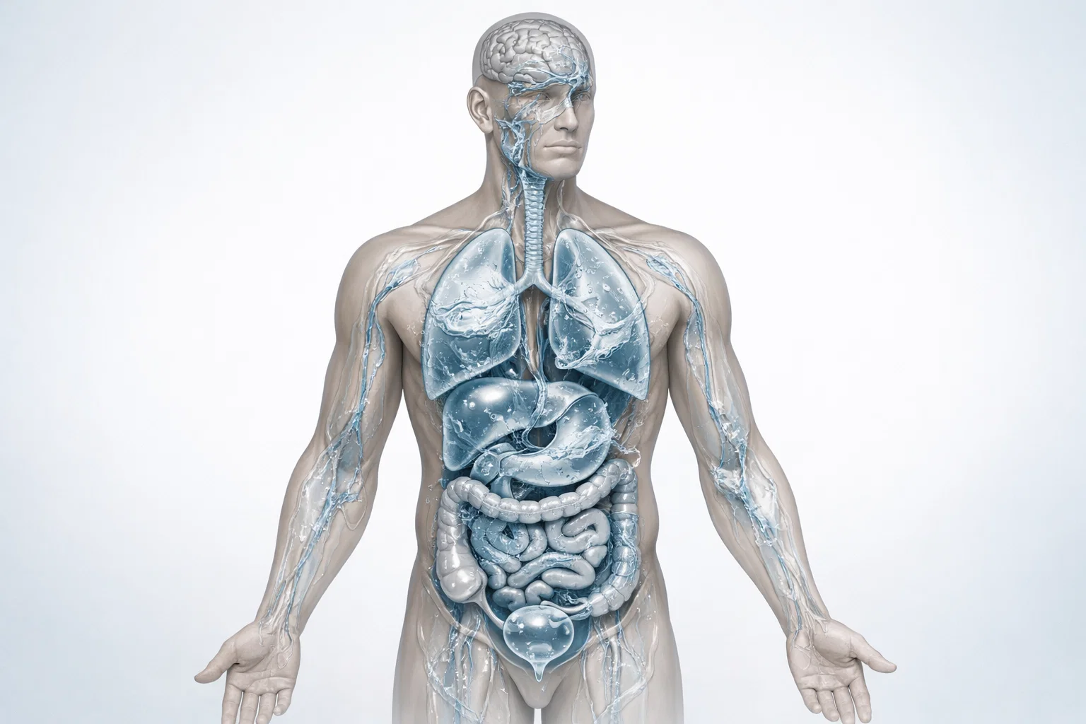 Representação do corpo humano com destaque para órgãos internos e circulação de água, associada à hidratação e desidratação.