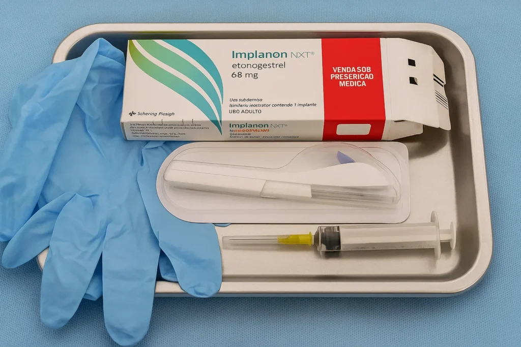 Kit médico com Implanon NXT sobre bandeja cirúrgica usado para inserir o implante contraceptivo associado à dúvida se Implanon engorda.