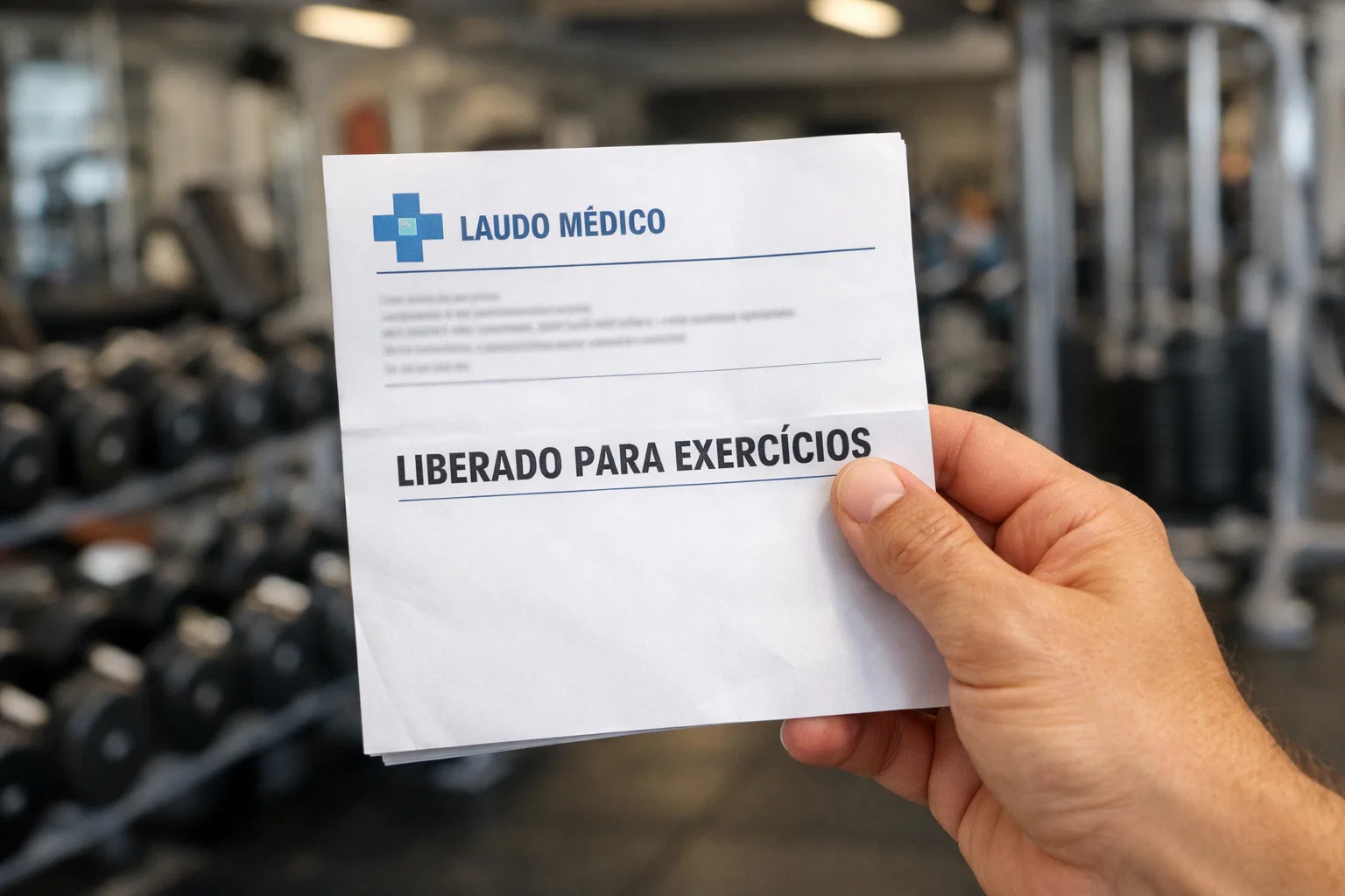 Documento de liberação médica para exercícios sendo segurado dentro de uma academia.