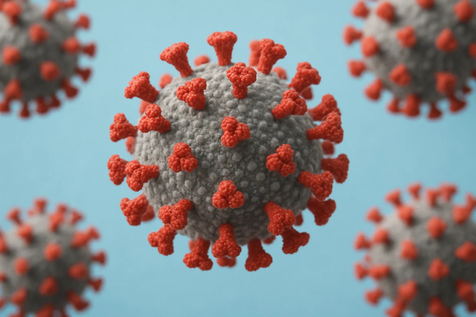 Representação em 3D do coronavírus com superfície cinza e proteínas vermelhas, destacando a estrutura do vírus da covid.