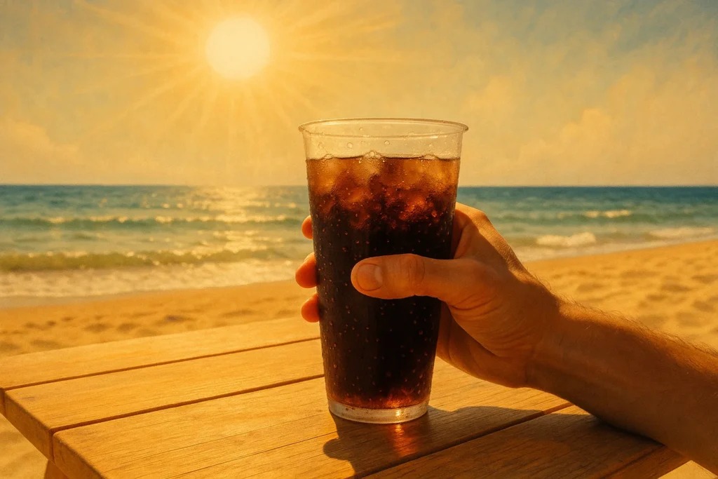Mão segurando copo de bebida gelada na praia sob sol forte, simbolizando risco de insolação por exposição ao calor.