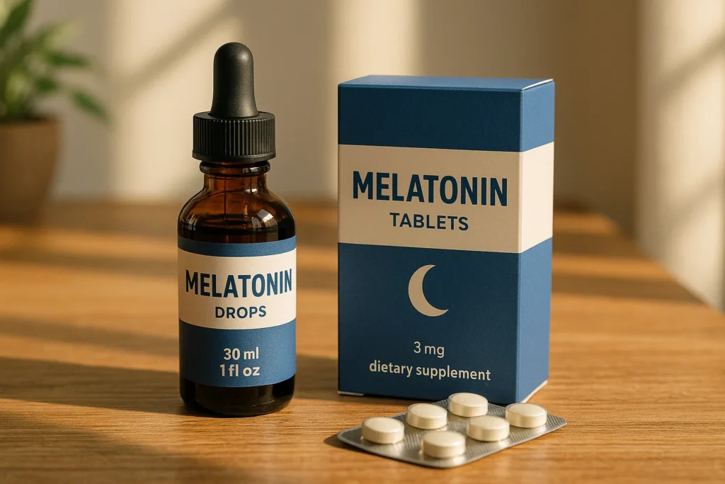 Frascos e comprimidos de melatonina sobre uma mesa de madeira, mostrando diferentes formas de suplementação.