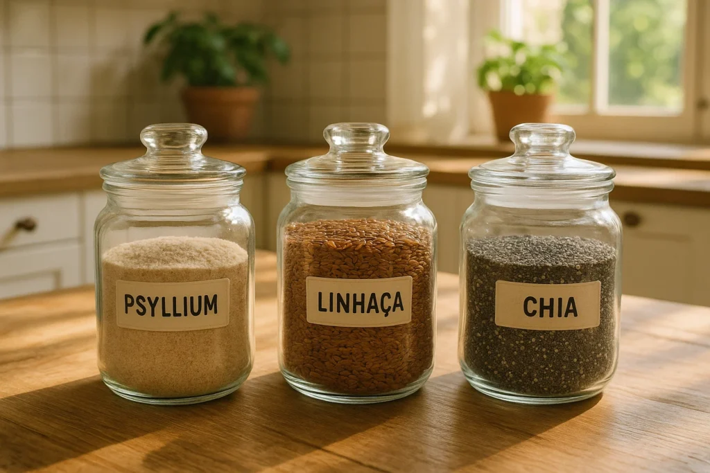 Ozempic natural: o que é, como funciona e até onde vai o efeito dessa mistura 10 Potes de vidro contendo psyllium, linhaça e chia, fibras naturais usadas como alternativas ao ozempic natural.