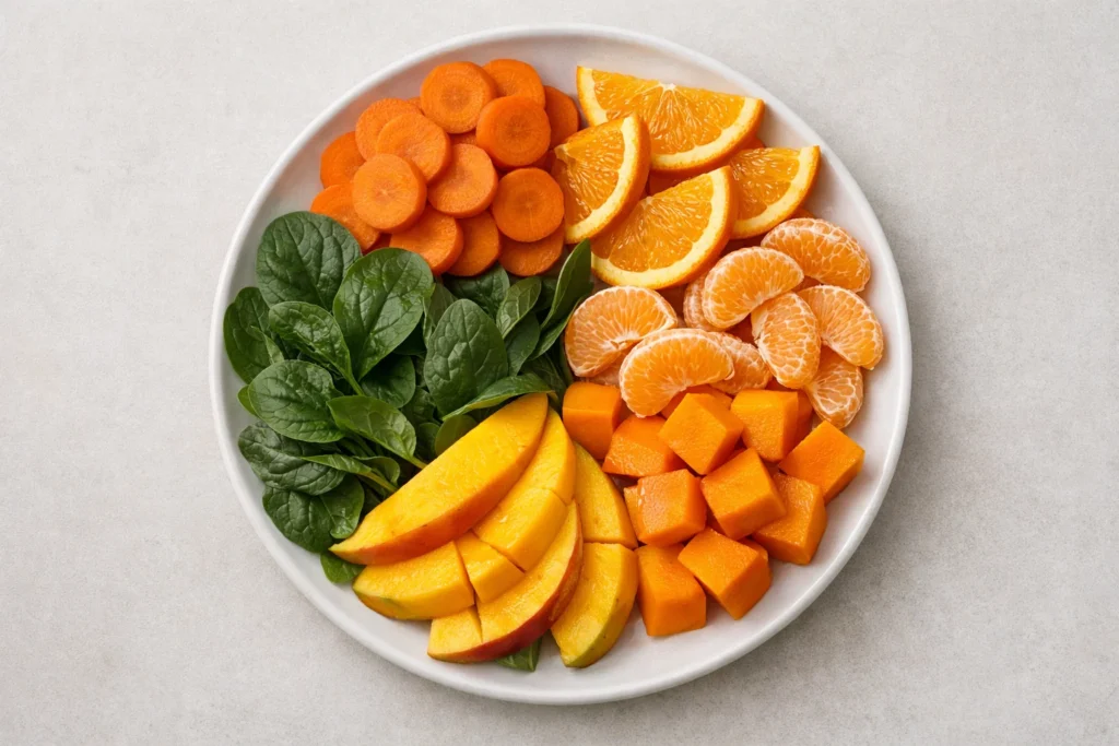 Carotenóides: o que são, para que servem e por que fazem diferença na saúde 5 Prato com alimentos ricos em carotenóides, como cenoura, laranja, tangerina, abóbora, manga e folhas verdes.