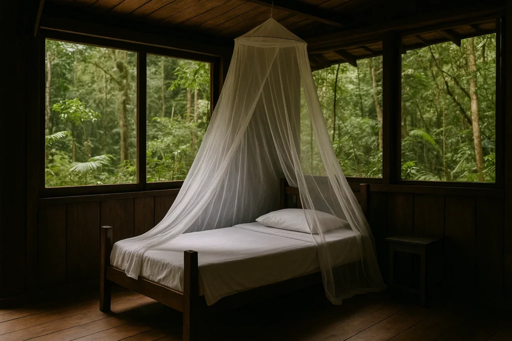 Quarto simples de madeira em área de floresta com uma cama protegida por mosquiteiro pendurado, usado para prevenção contra mosquitos transmissores da febre amarela.