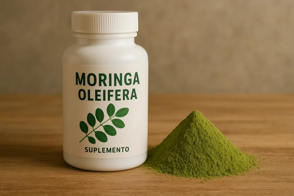 Frasco de suplemento de moringa ao lado de pó verde sobre mesa de madeira, relacionado ao tema “Moringa emagrece”.
