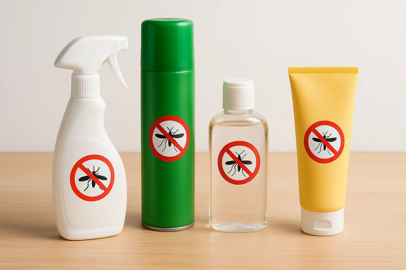 Frascos de diferentes tipos de repelente de inseto, incluindo spray, aerosol, loção e gel, alinhados sobre uma mesa.
