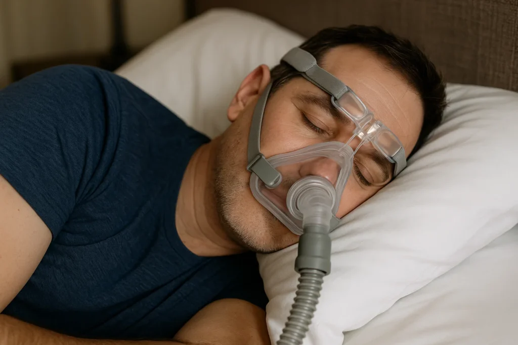 Homem dormindo de lado usando máscara de CPAP para manter a via aérea aberta durante o sono.