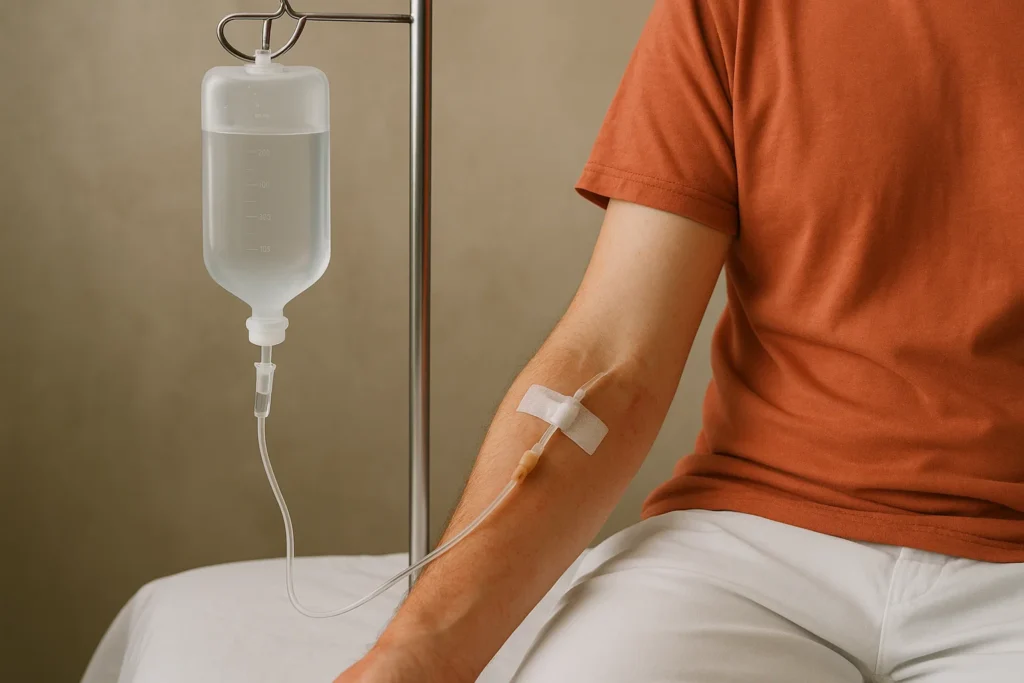 Pessoa sentada com acesso intravenoso no braço recebendo soro hospitalar, ilustrando tratamento de insolação.