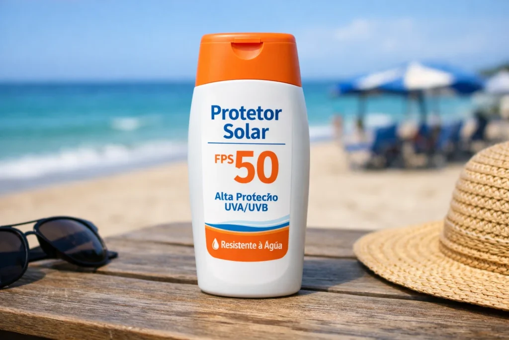 frasco de protetor solar FPS 50 com proteção UVA e UVB sobre mesa na praia, ilustrando como protetor solar funciona.