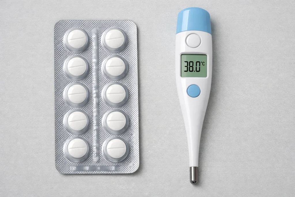 Dipirona, paracetamol e ibuprofeno representados por comprimidos em blister ao lado de um termômetro digital marcando 38 °C.
