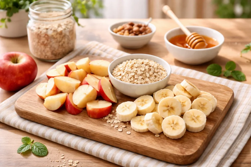 Alimentos ricos em fibras, como maçãs, bananas e aveia, que ajudam a equilibrar as fibras e microbiota intestinal para uma digestão saudável.