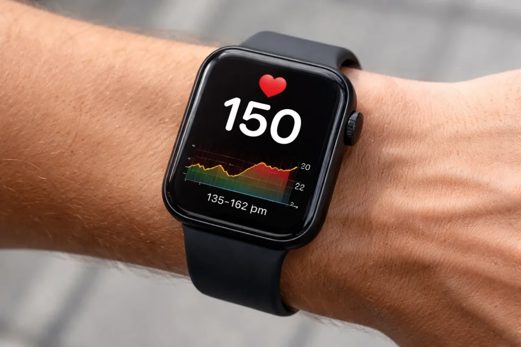 Relógio inteligente monitorando batimentos durante o exercício e ilustrando a relação entre frequência cardíaca e exercício.