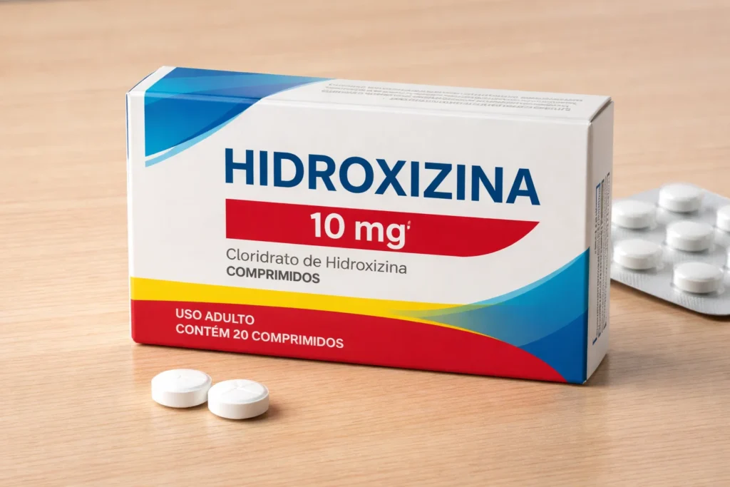 Embalagem de hidroxizina 10 mg com comprimidos, um medicamento que pode causar sonolência.