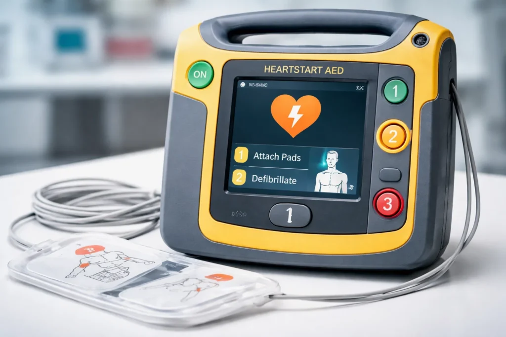 Desfibrilador externo automático (DEA), uma ferramenta essencial no tratamento de parada cardíaca.